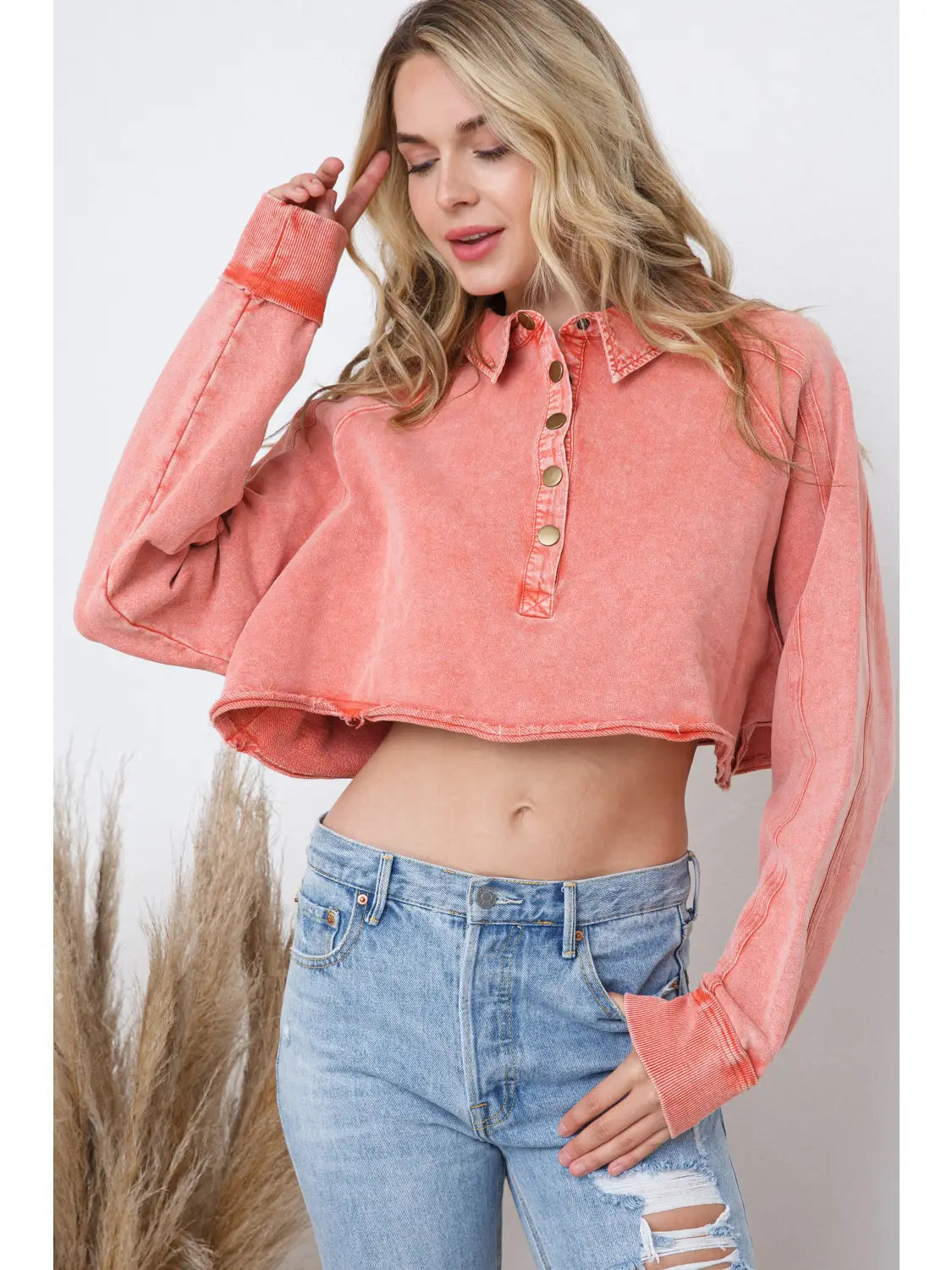 French Terry Washed Button Up Crop Sweatshirt || Coral
