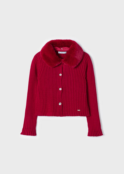 Girls Faux Fur Knit Ribbed Cardigan | Red