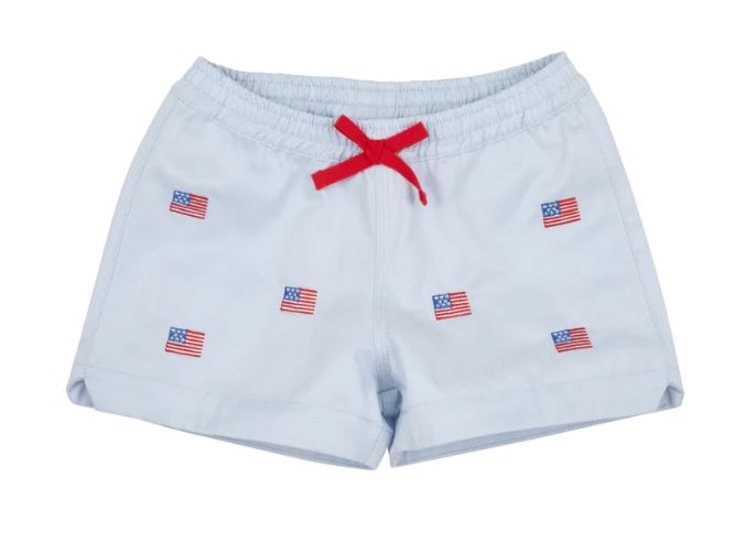 Critter Cheryl Shorts | Buckhead Blue & American Flag Embroidery with Multicolor Stork ** FINAL SALE **