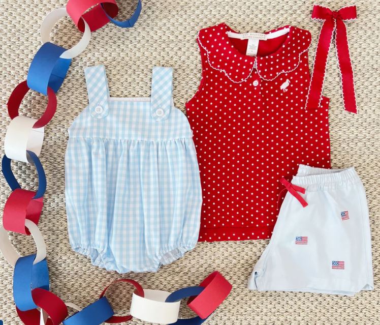 Critter Cheryl Shorts | Buckhead Blue & American Flag Embroidery with Multicolor Stork ** FINAL SALE **