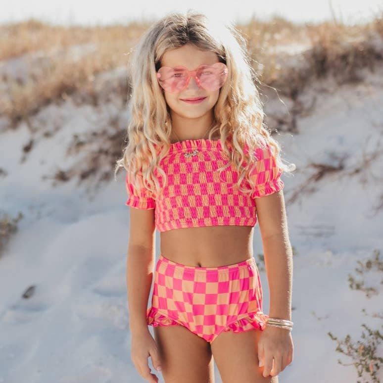 Kids Hot Pink & Tangerine Checked Ruched 2 piece swimsuit