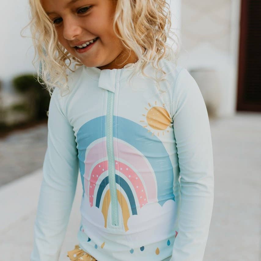 Kids Mint Rainbow Zip Rash Guard One Piece Swimwear