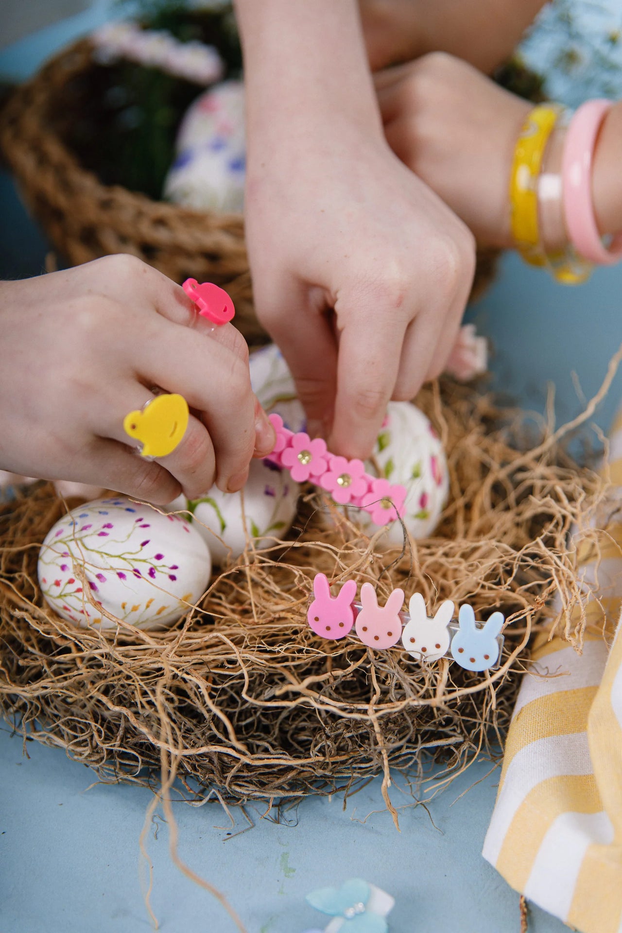 Bunnies Flowers Pink and Bow Hair Clips