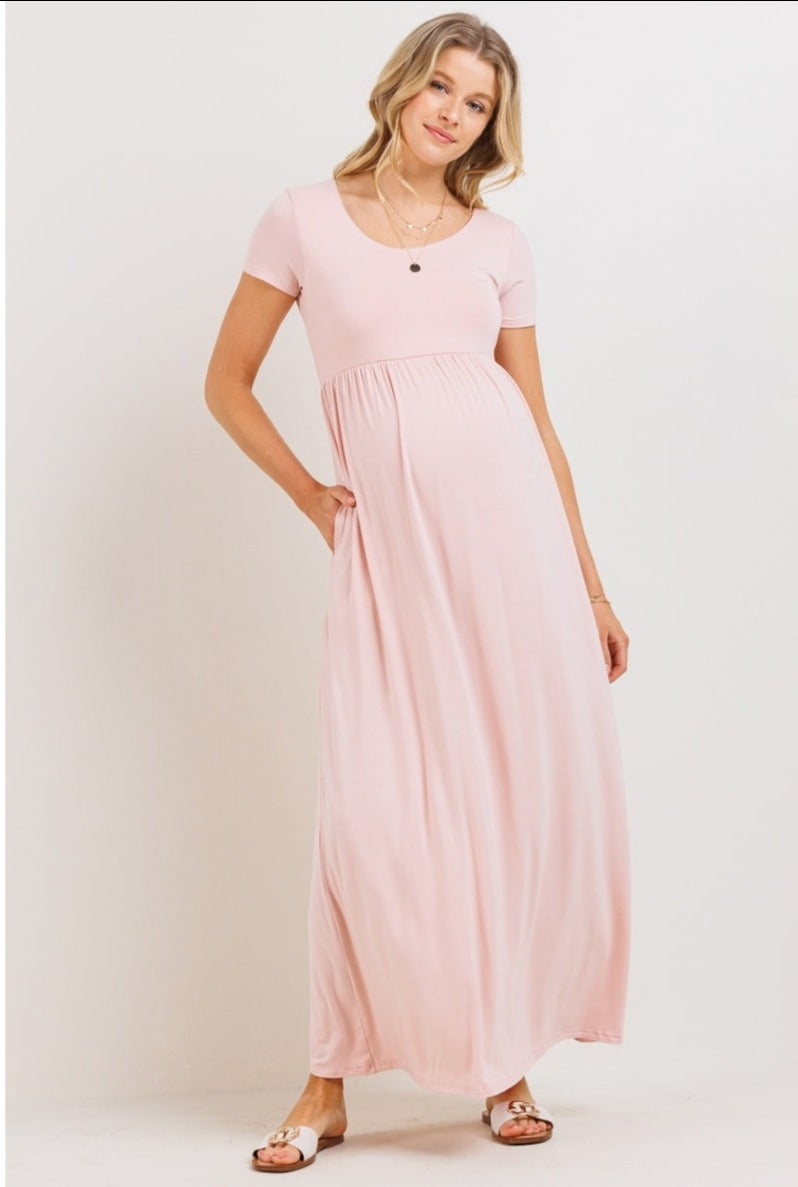 Solid Round Neck Maternity Maxi Flared Dress BLUSH / SMALL