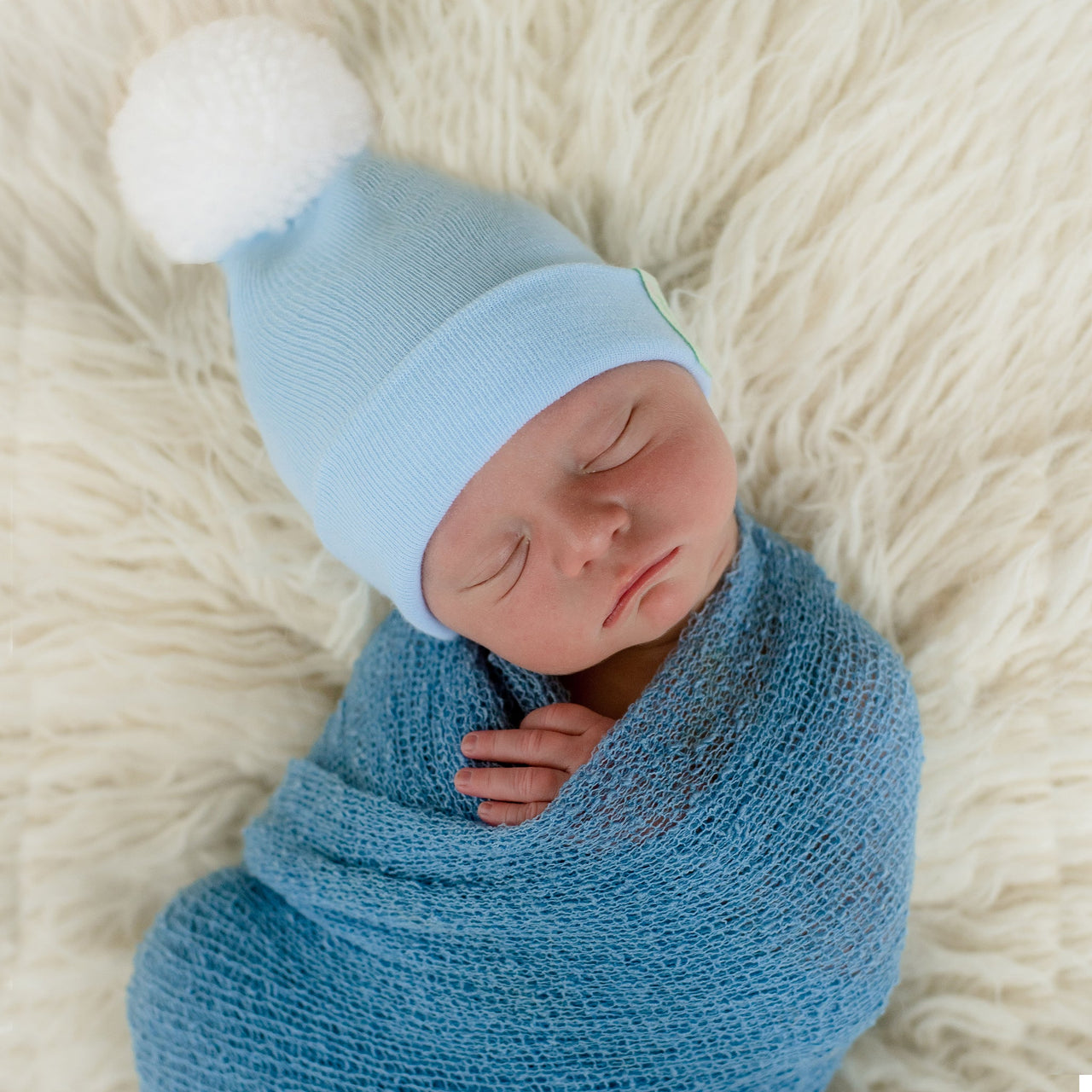 Baby Blue Beanie With White Pom Pom