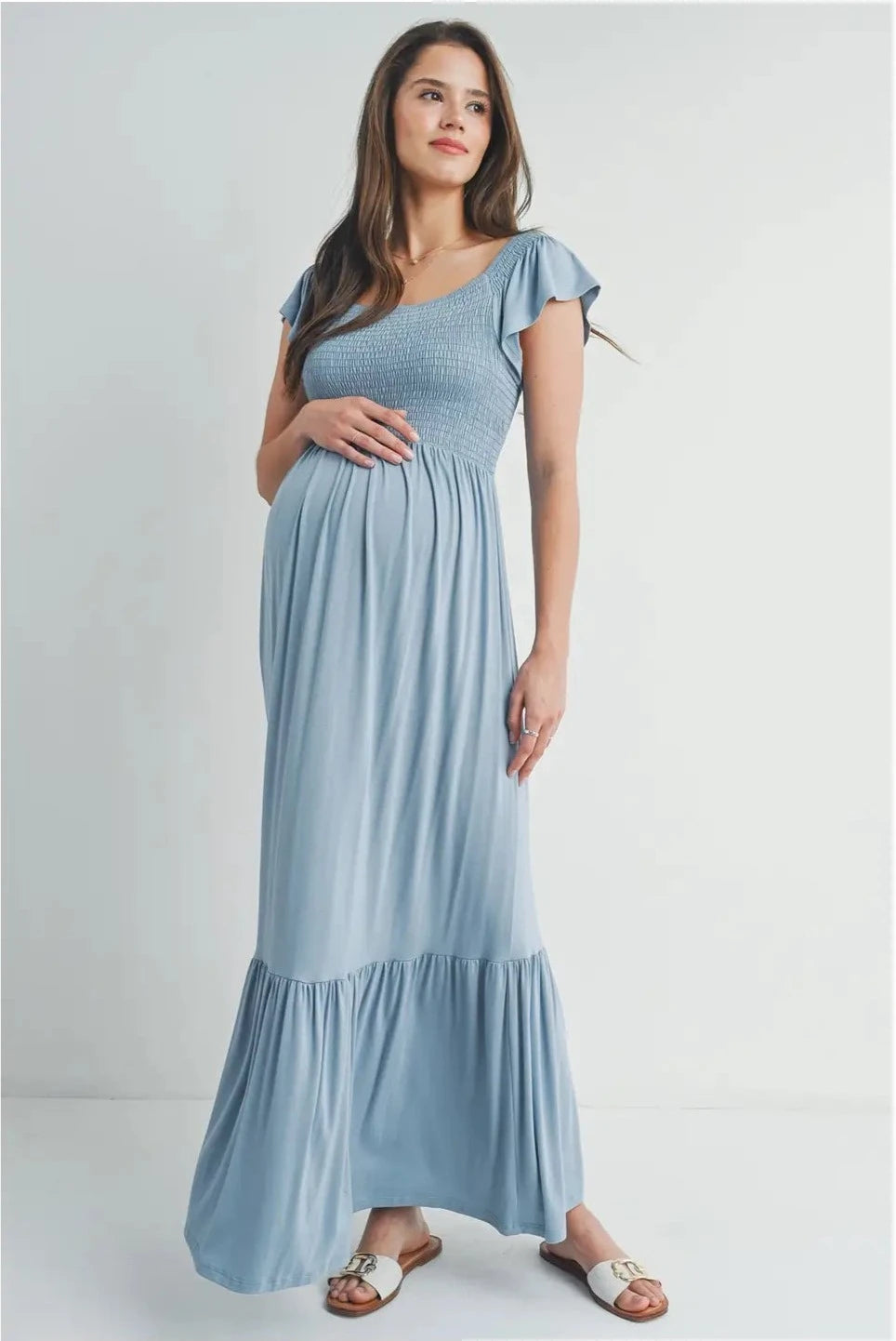 Off Shoulder Smocked Short Sleeve Maternity Maxi Dress CHAMBRAY / SMALL Off Shoulder Smocked Short Sleeve Maternity Maxi Dress CHAMBRAY / SMALL