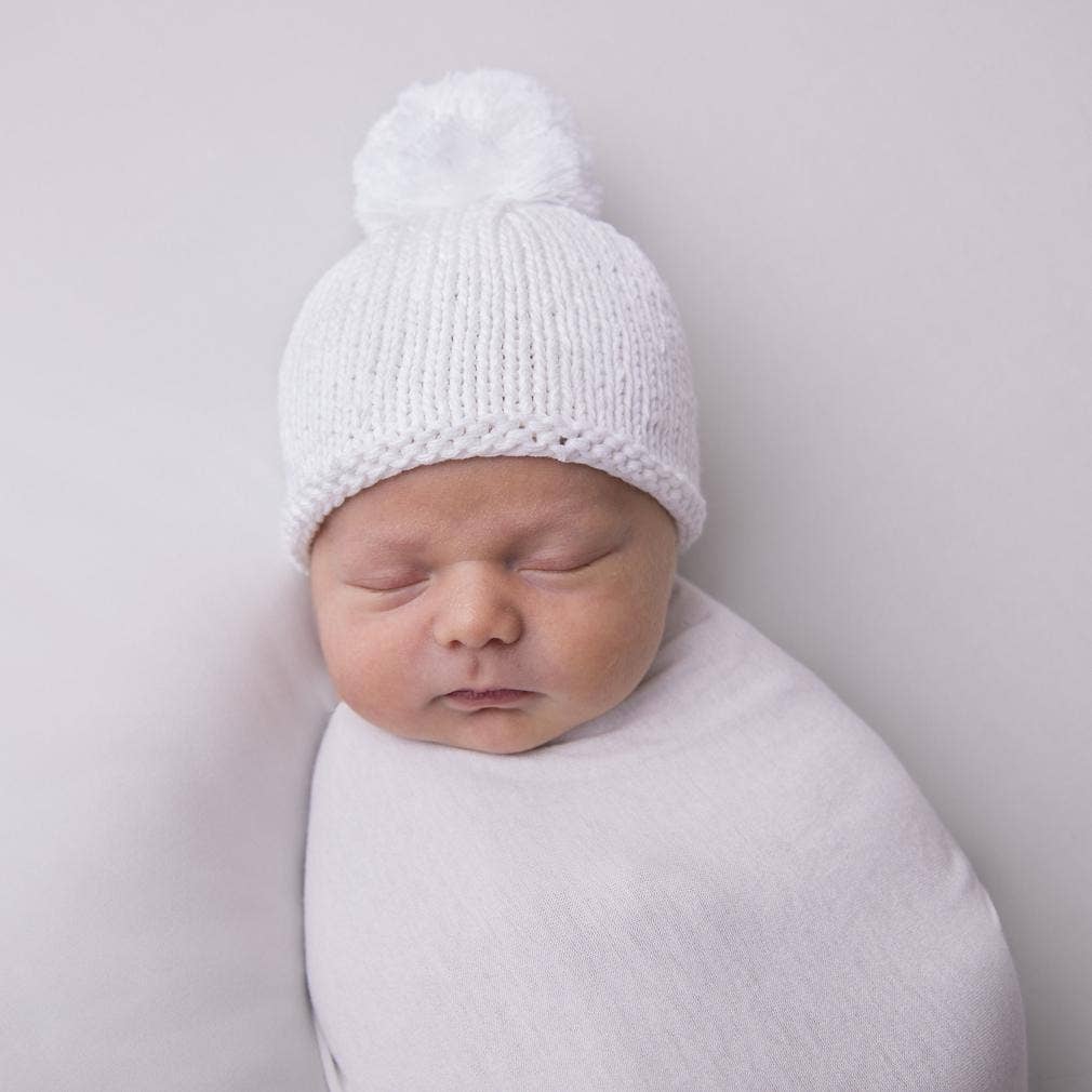 Newborn Pom Pom Beanie Hat Infant | White