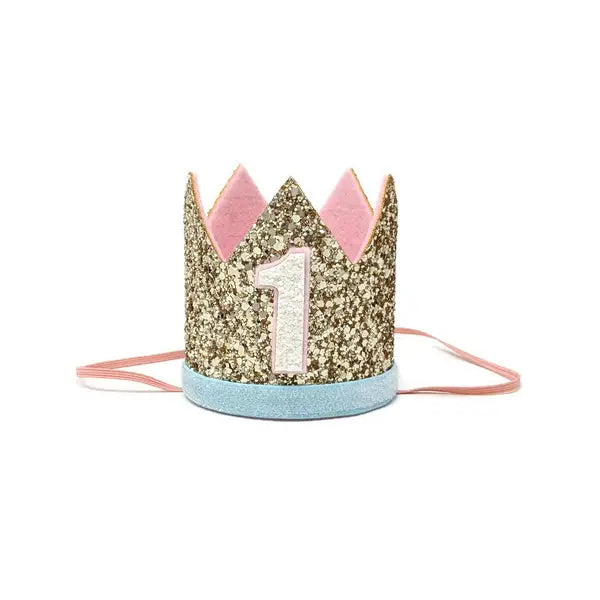 Birthday Pale Gold/Aqua Glitter Trim Crown | 1 or ONE