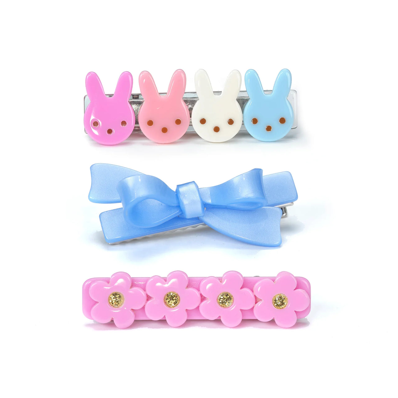 Bunnies Flowers Pink and Bow Hair Clips