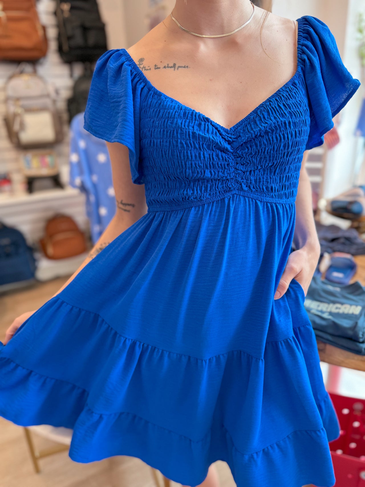 Flutter Sleeve Smock Tiered Sweetheart Neck Dress