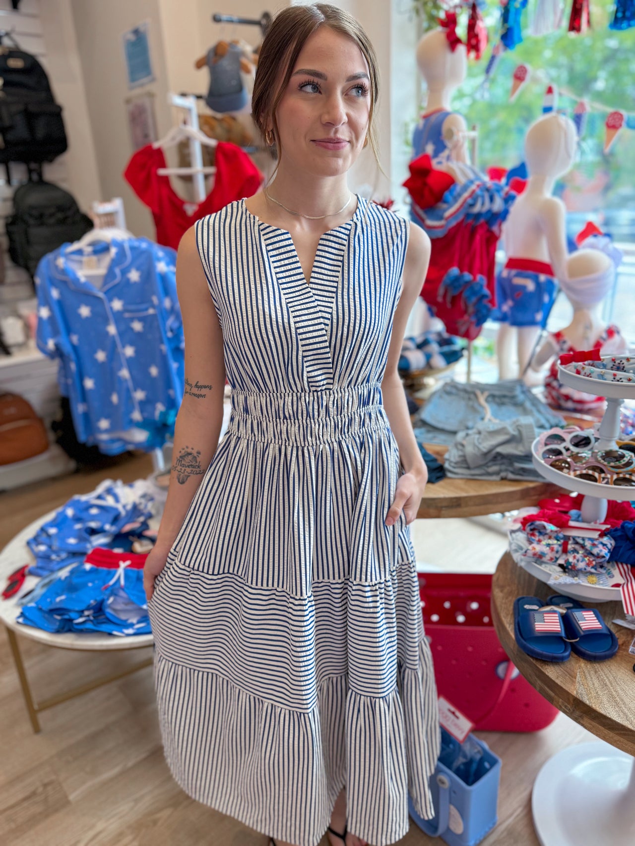 Sleeveless Woven Striped Tiered Midi Dress