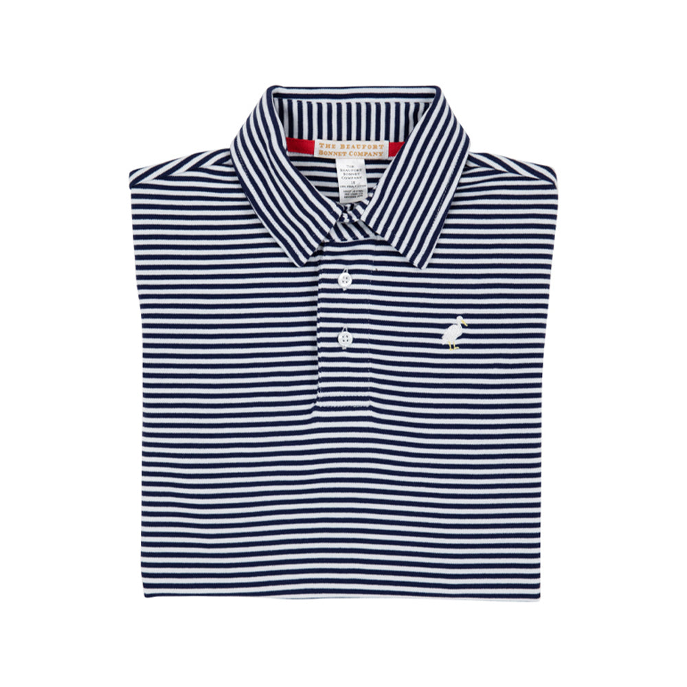 Prim & Proper Polo | Nantucket Navy Stripe with Multicolor Stork