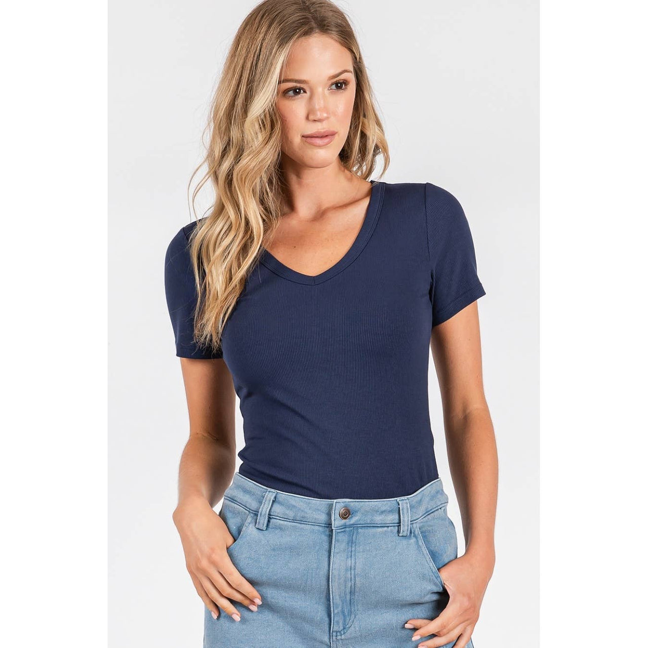 Ribbed V-Neck Short Sleeve Classic Tee | Gucci Blue