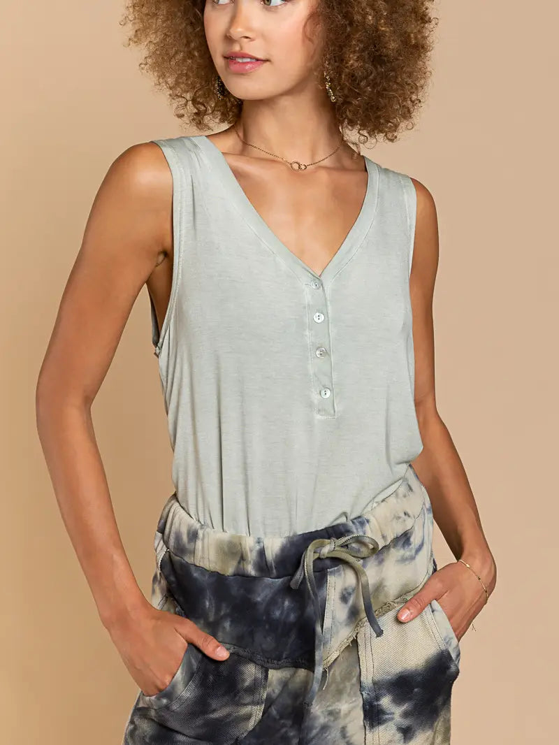 Sleeveless V-Neck Button Front Knit Top || Desert Sage