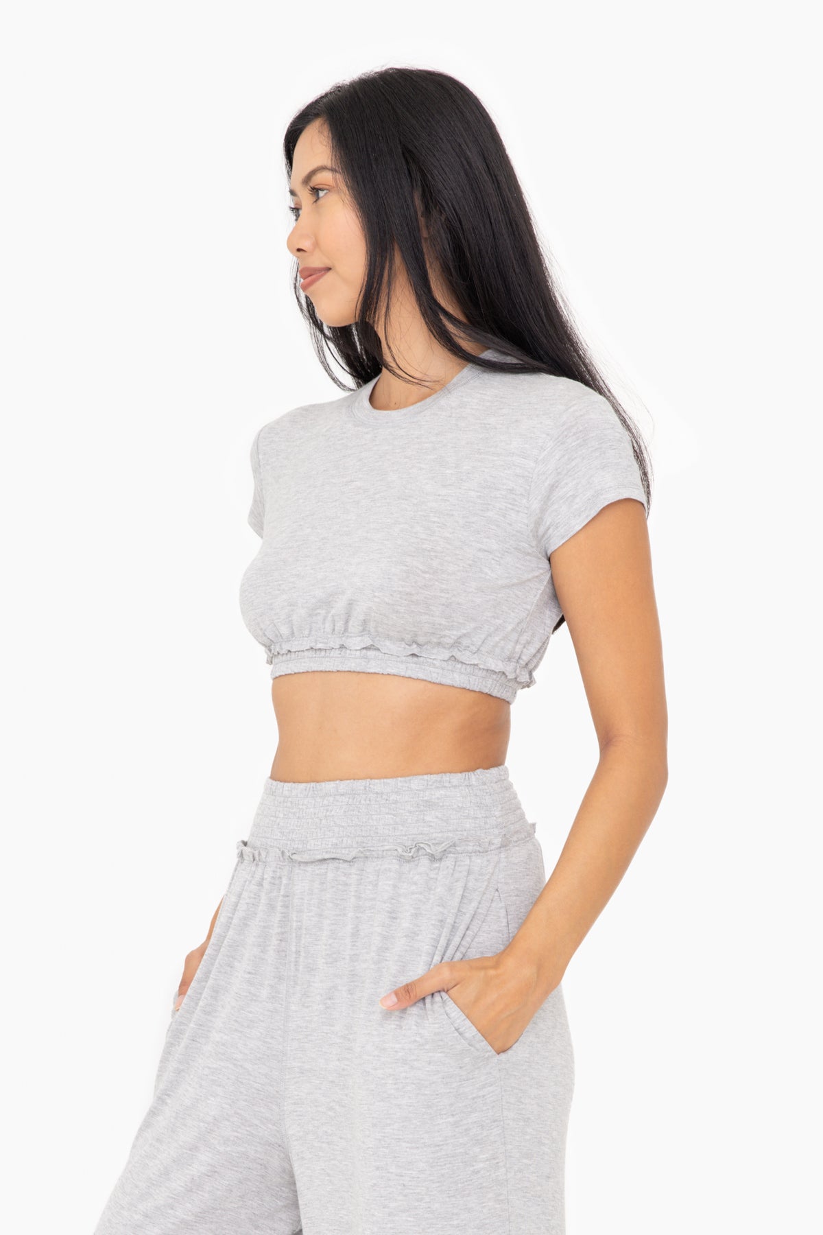 Smocked Waist Boxy Cropped Tee | Heather Grey