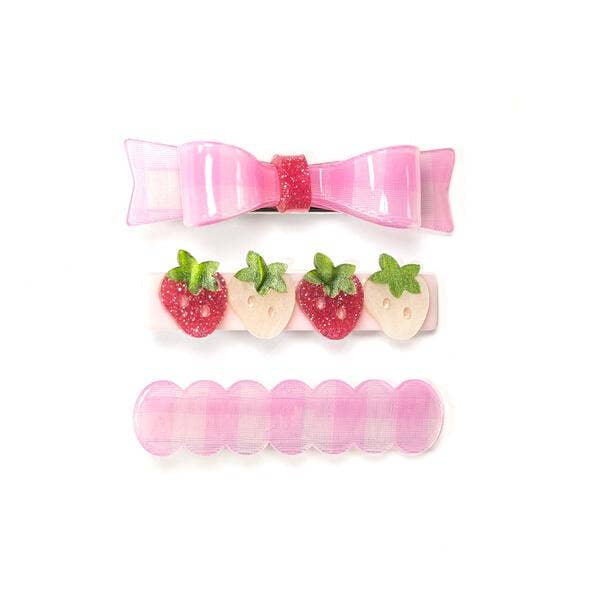 Pink Checked Bow+Strawberries Alligator Clips