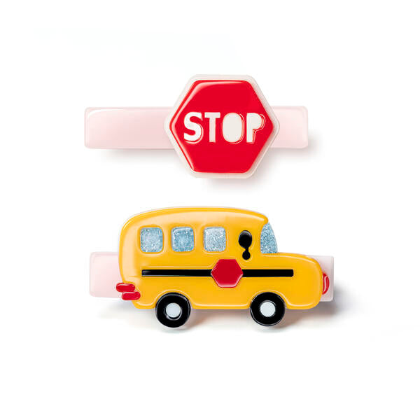 Yellow Bus & Stop Sign Hair Clips