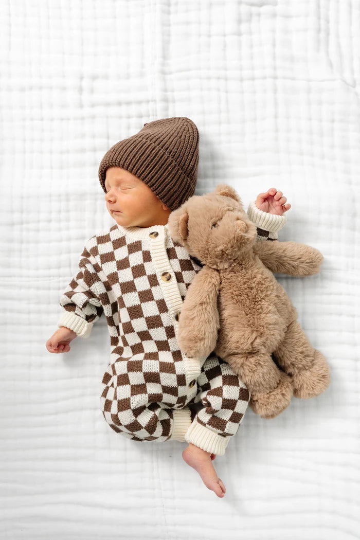 Knit Long Sleeve Onesie | Cocoa Checkered