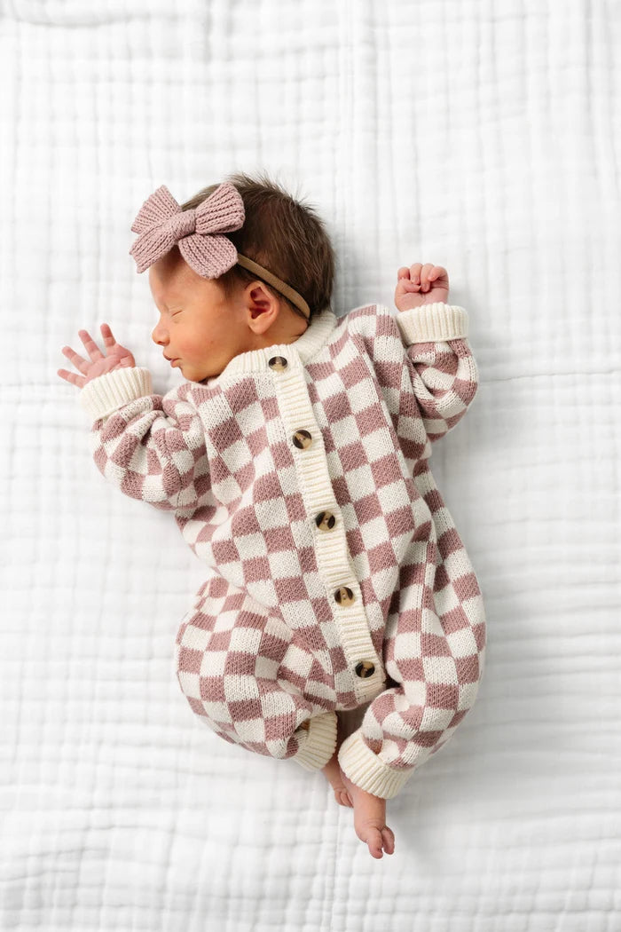 Knit Long Sleeve Onesie | Mauve Checkered