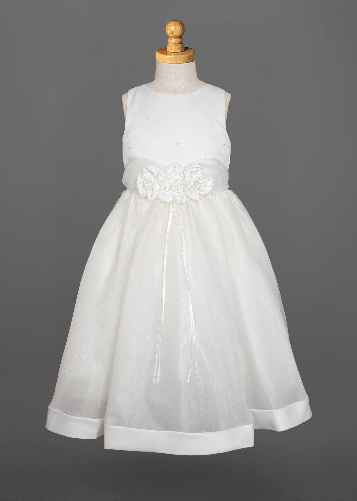 Ivory Satin and Organza Dress w/ Beaded Pearls