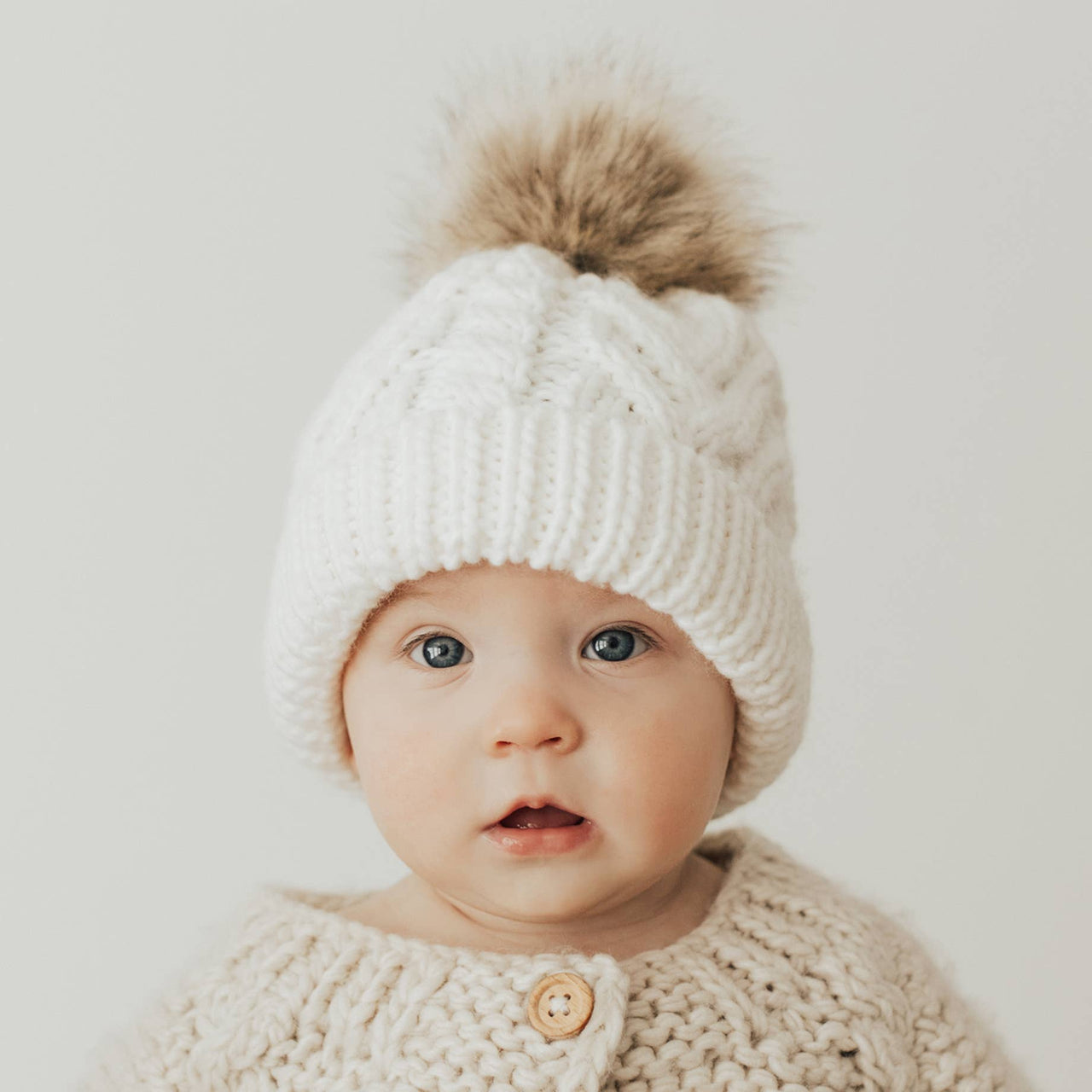 Winter White Pop Pom Pom Beanie Hat Baby & Kids