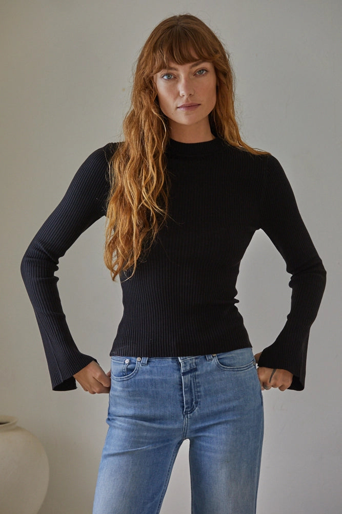 Women's Knit Nylon Rib Mock Neck Sweater Top || Black