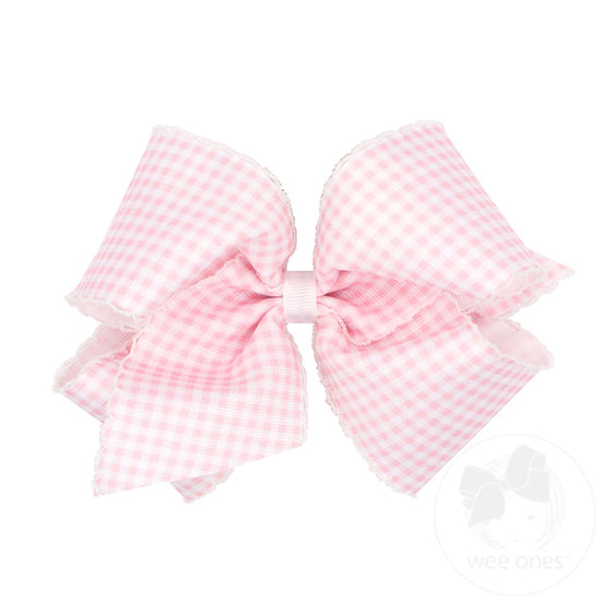 King Gingham-Printed Grosgrain Girls Hair Bow With Moonstitch Edge- Pink