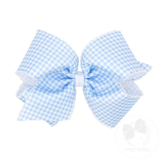 King Gingham-Printed Grosgrain Girls Hair Bow With Moonstitch Edge- Blue
