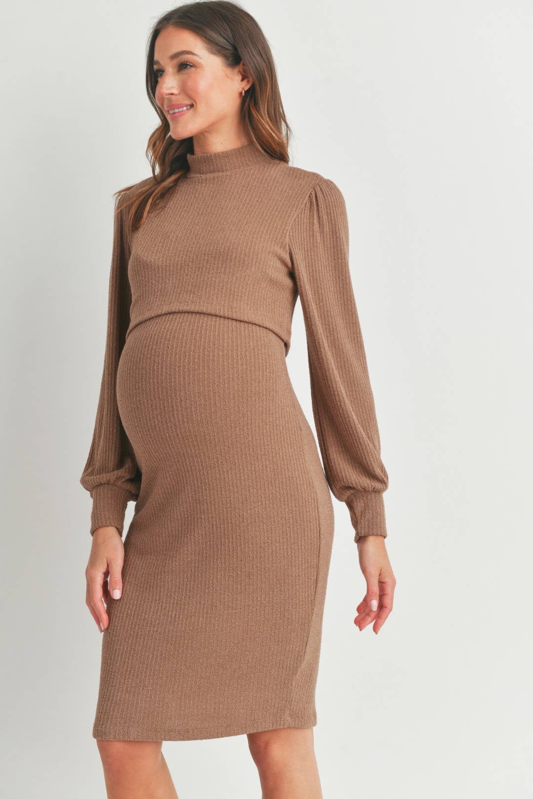 Mock Neck Maternity Nursing Dress | Brown