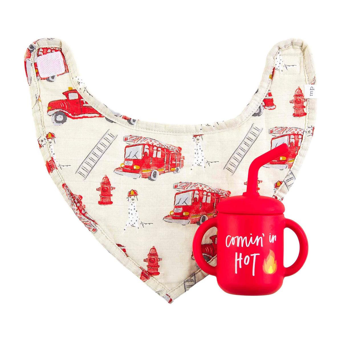 Fire Truck Silicone Cup + Bib Set
