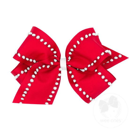 Medium Holiday Style Pom-Pom Edge Grosgrain Overlay Girls Hair Bow