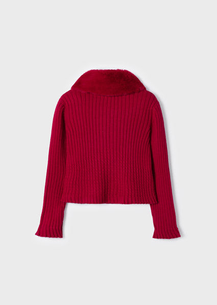 Girls Faux Fur Knit Ribbed Cardigan | Red