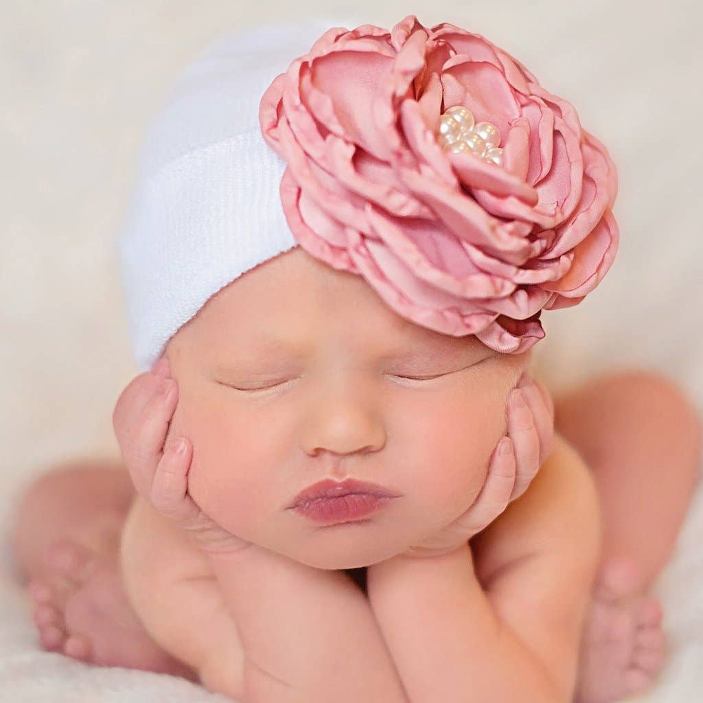 Baby Beanie with Silk Rose and Pearls