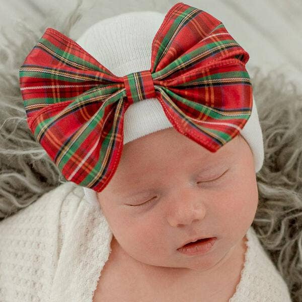 Plaid Christmas Bow Hat | White