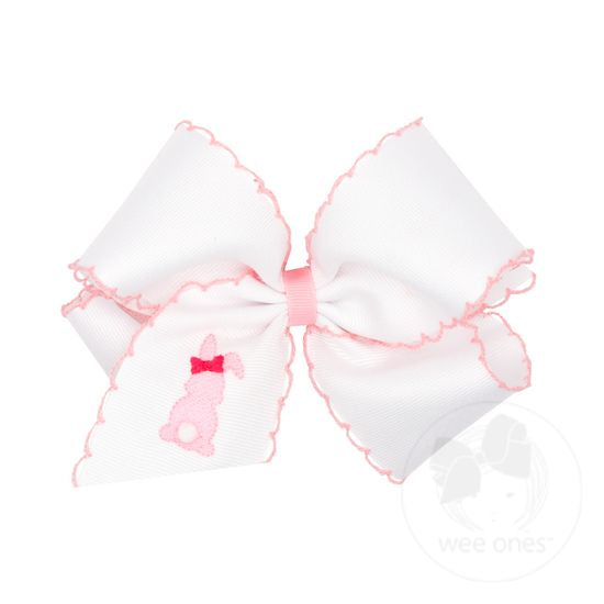 King White Grosgrain Bow with Moonstitch Edge and Easter-inspired Embroidery on Tail