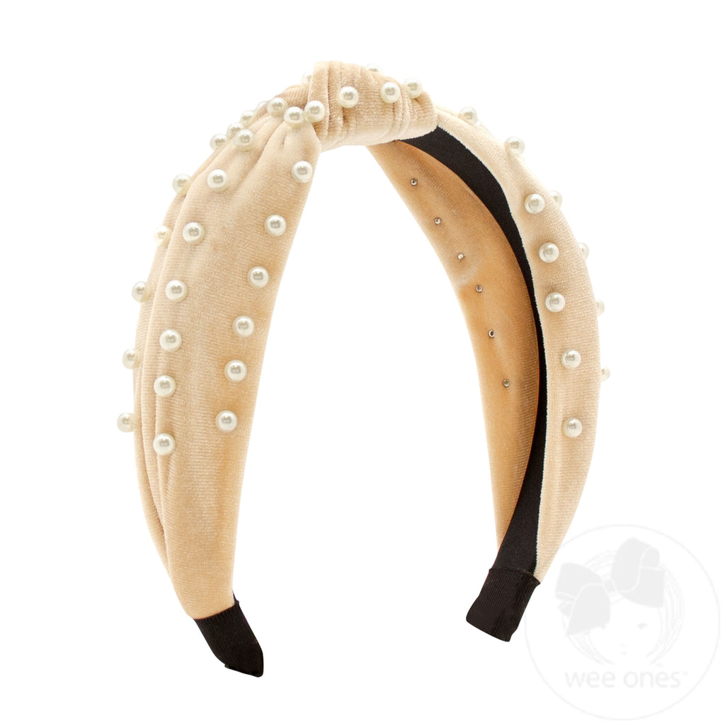 Velvet Wrapped Headband with Knot and Faux Pearls