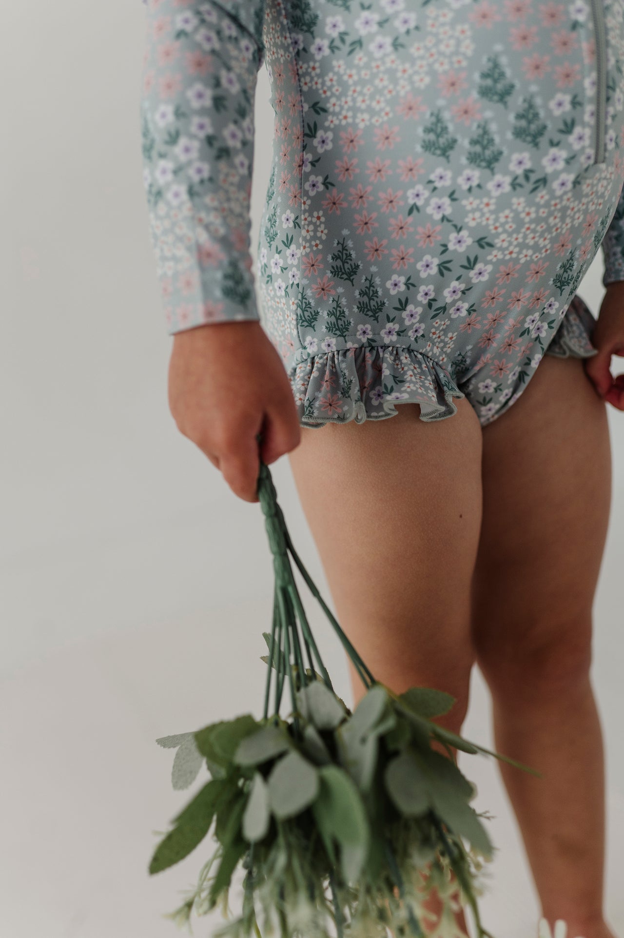 Girl's One-Piece Ruffle Rash Guard Swimsuit | Aqua Grey Floral