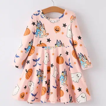 Long Sleeve Bluey Halloween Ghost Pumpkin Dress