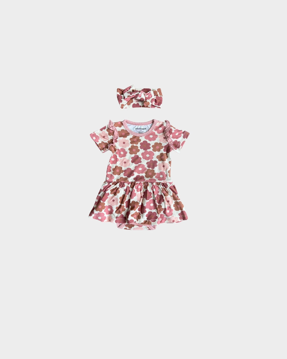 Ruffle Bodysuit Dress & Headband Set || Retro Bloom