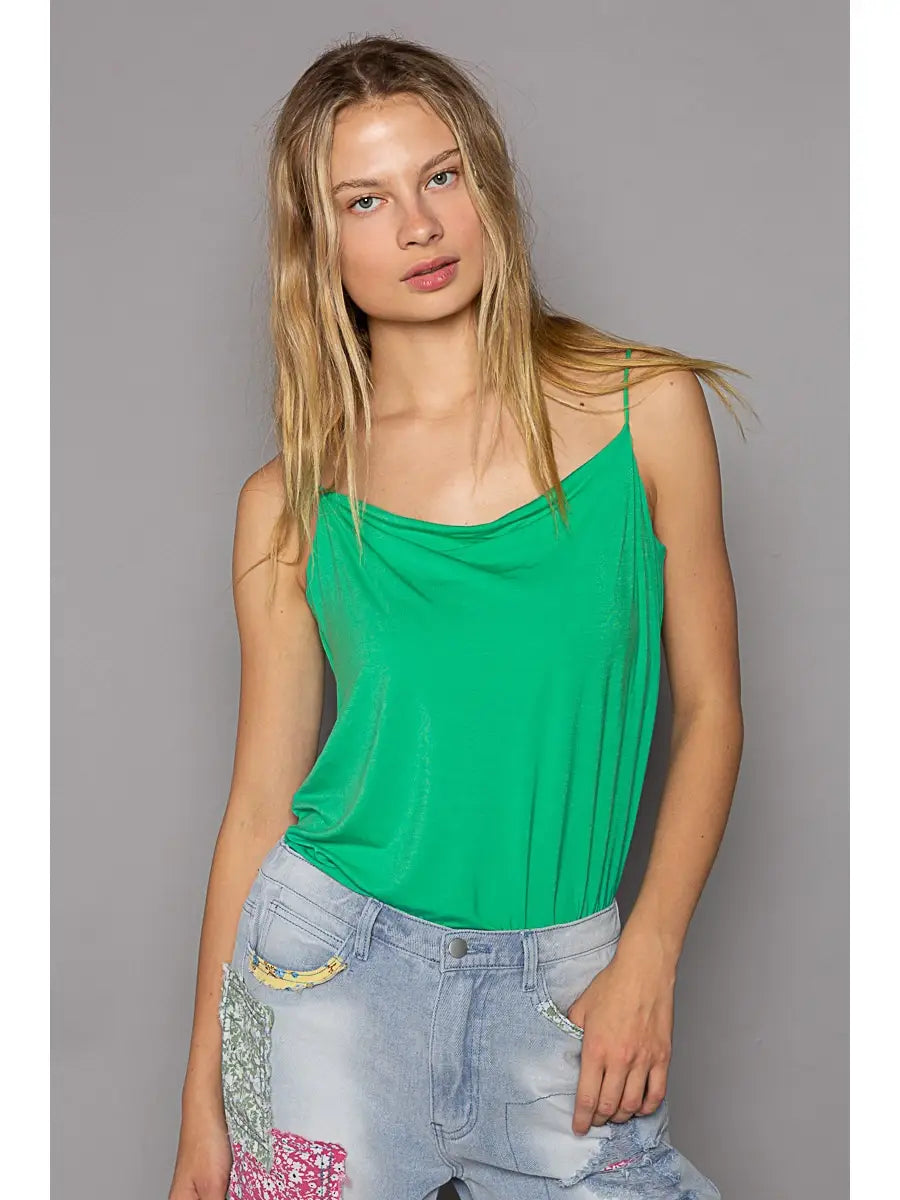 Cowl Neck Solid Sleeveless Top || Marine Green