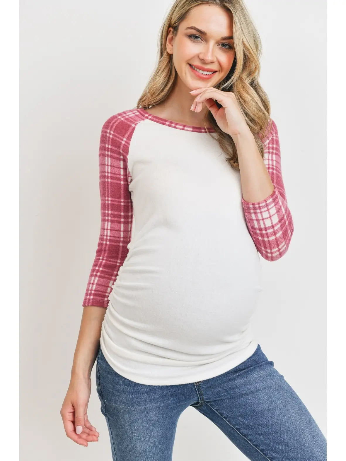 3/4 Sleeve Plaid Raglan Maternity Knit Top