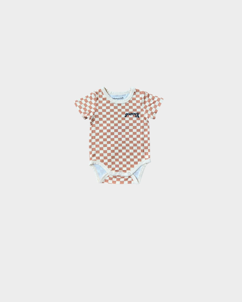Baby Short Sleeve Bodysuit || Butterscotch Checkered Groovy