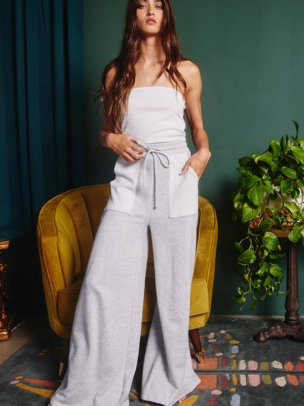 Wide Leg High Waist Solid French Terry Pants | Heather Grey