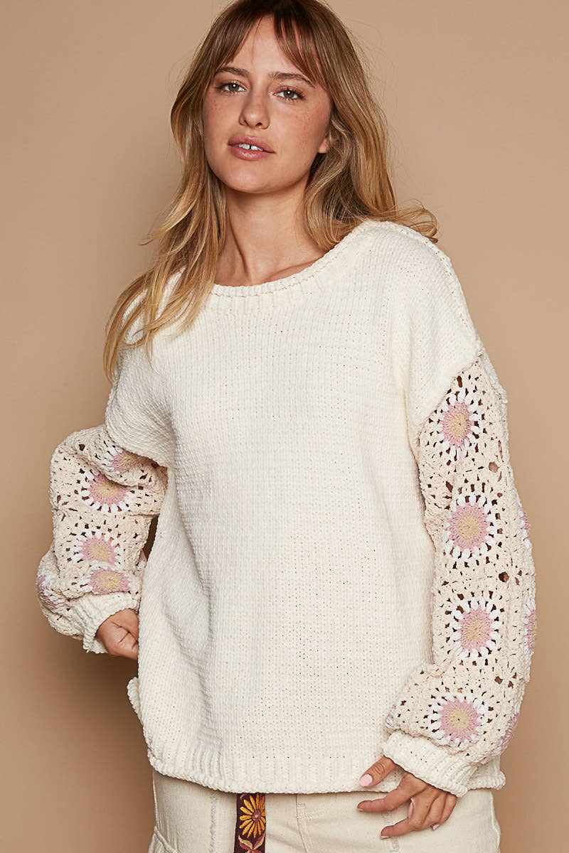 Contrast Sleeve Chenille Sweater | Cream Multi
