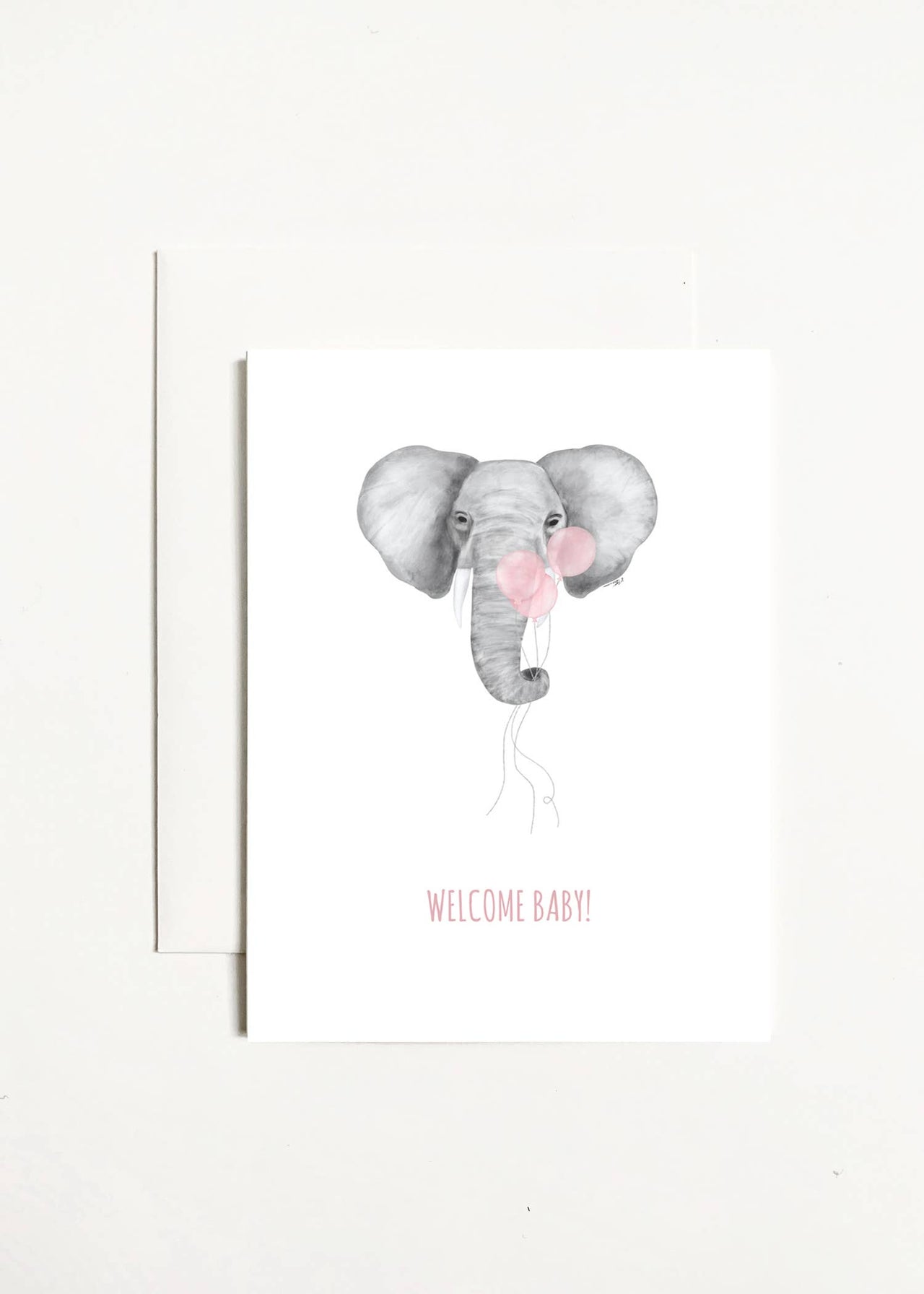 Welcome Baby! Elephant With Pink Balloons | Greeting Card