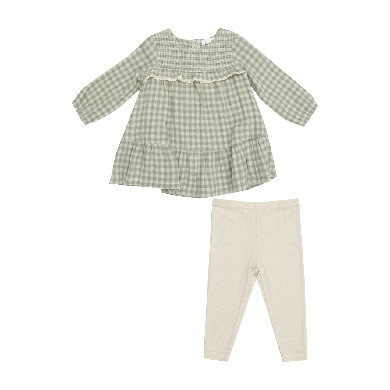 Smocked Ruffle Tiered Dress+Ribbed Legging Set | Mini Green Gingham