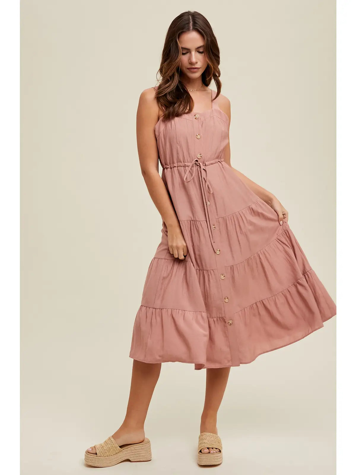 Button-Up Tiered Midi Dress | Rose