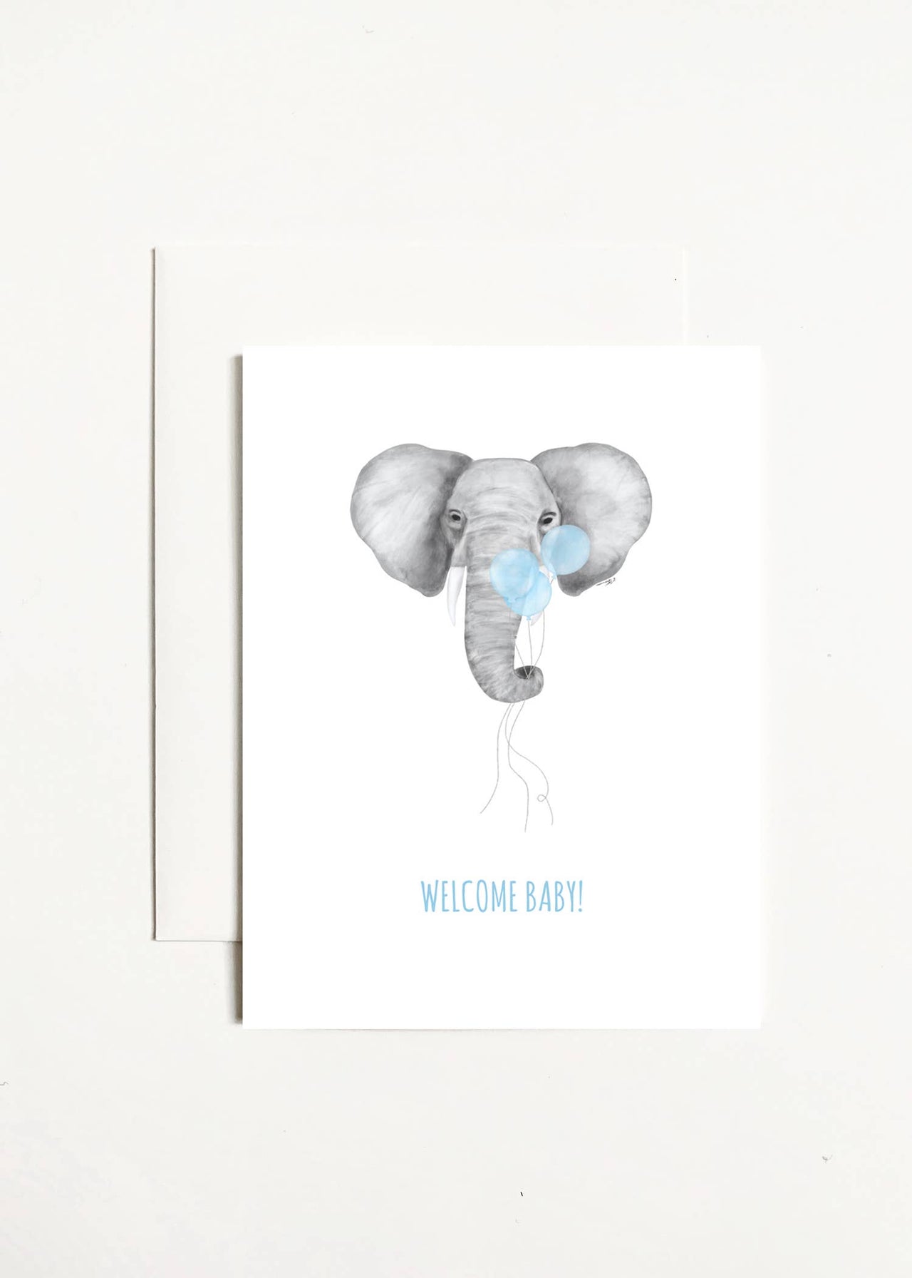 Welcome Baby! Elephant With Blue Balloons | Greeting Card
