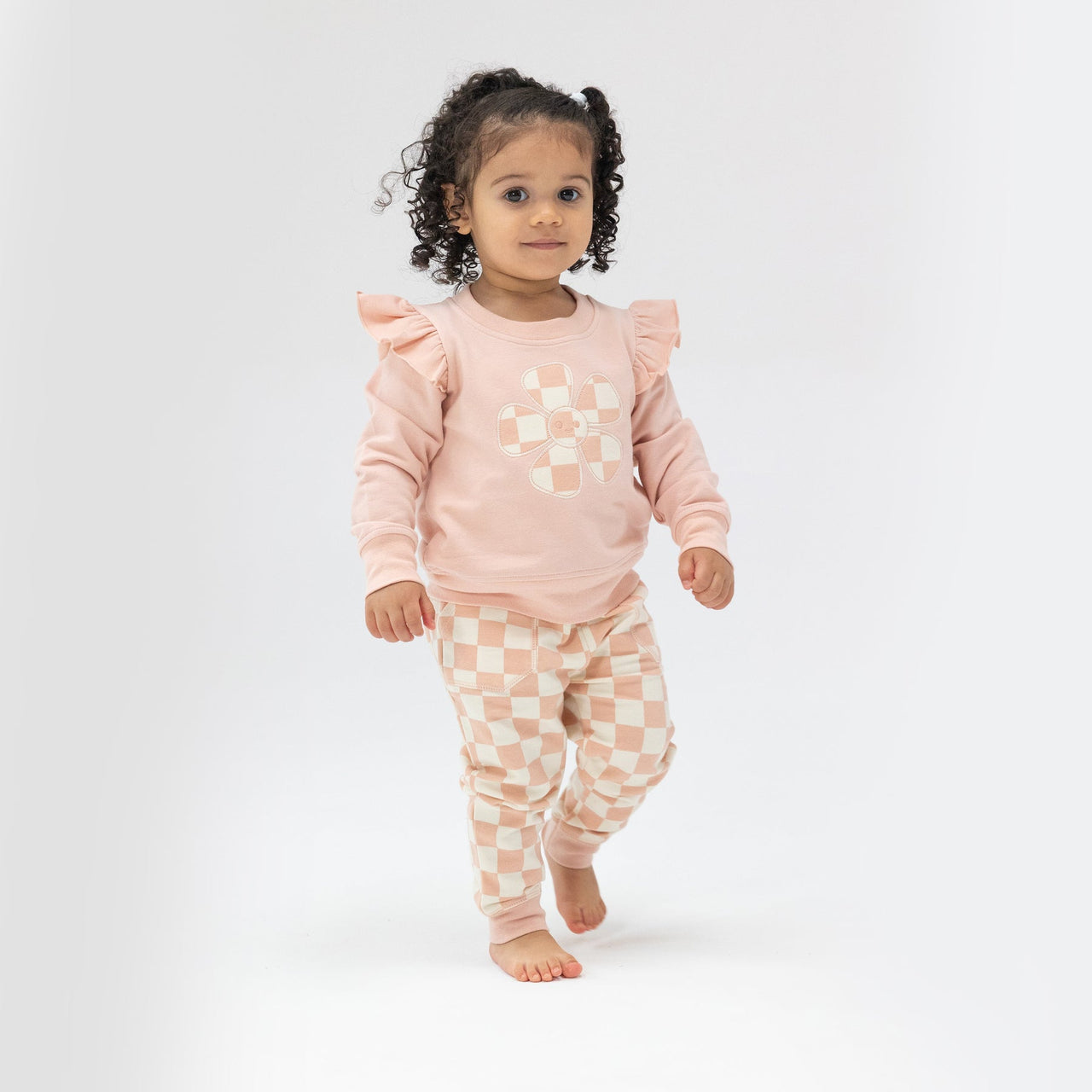 French Terry Ruffle Patch Sweatshirt+Jogger Set | Checkerboard Pink