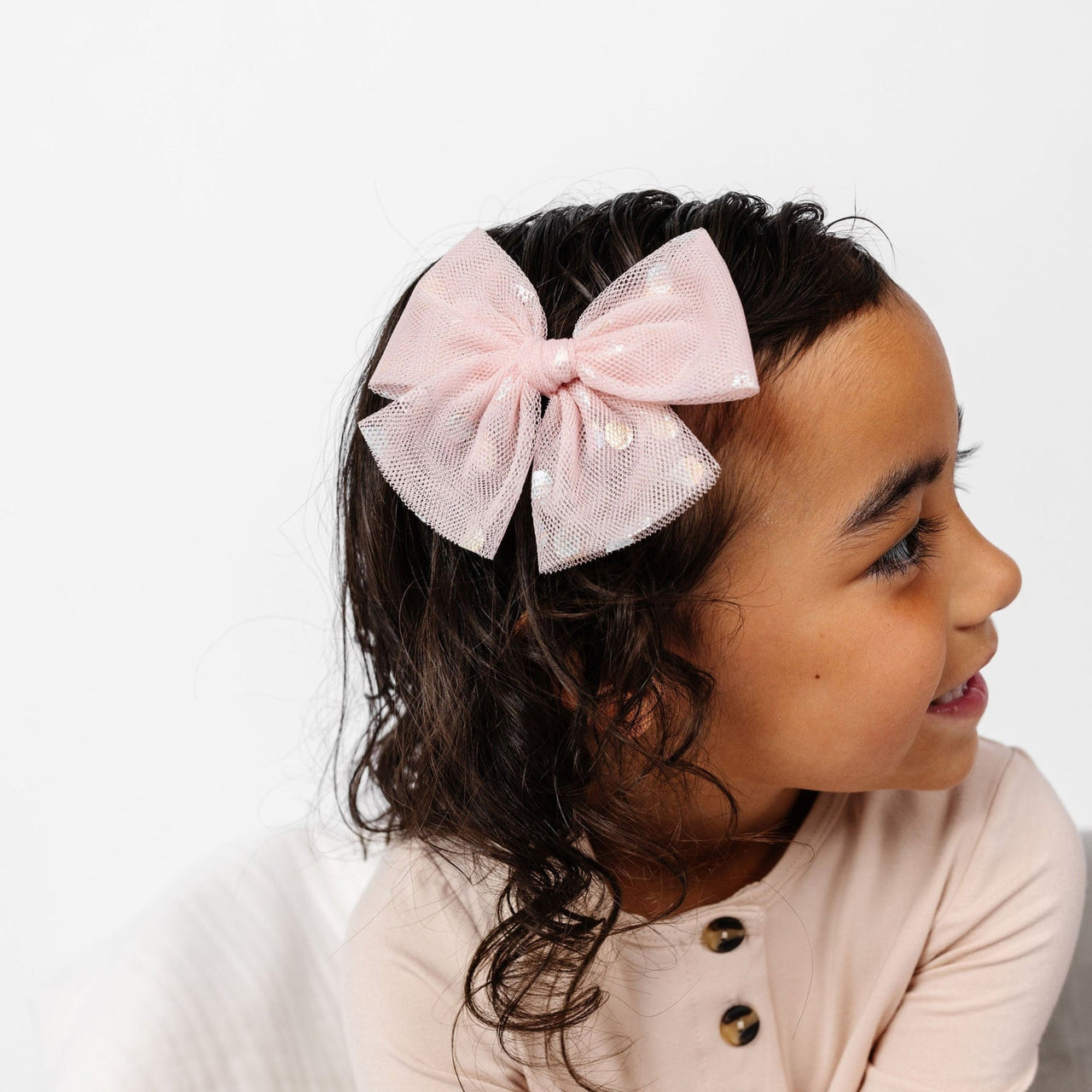 Tulle Bow Pigtail Set | Blush Shimmer Dot